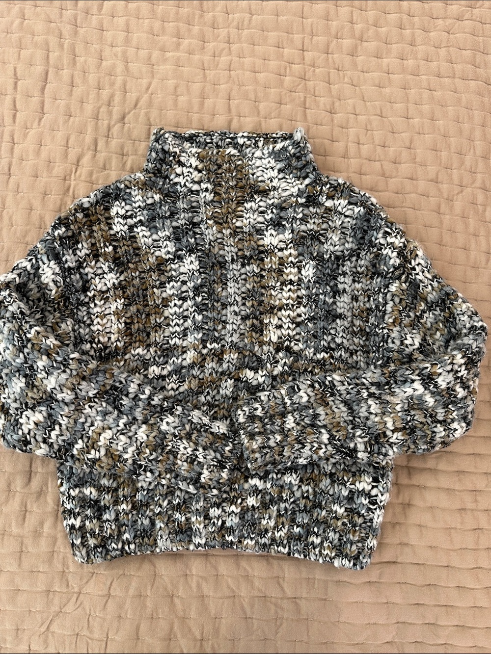 Black Tape_ Marled Mock Neck Sweater in Black, Gray & Cream with Brown Accents